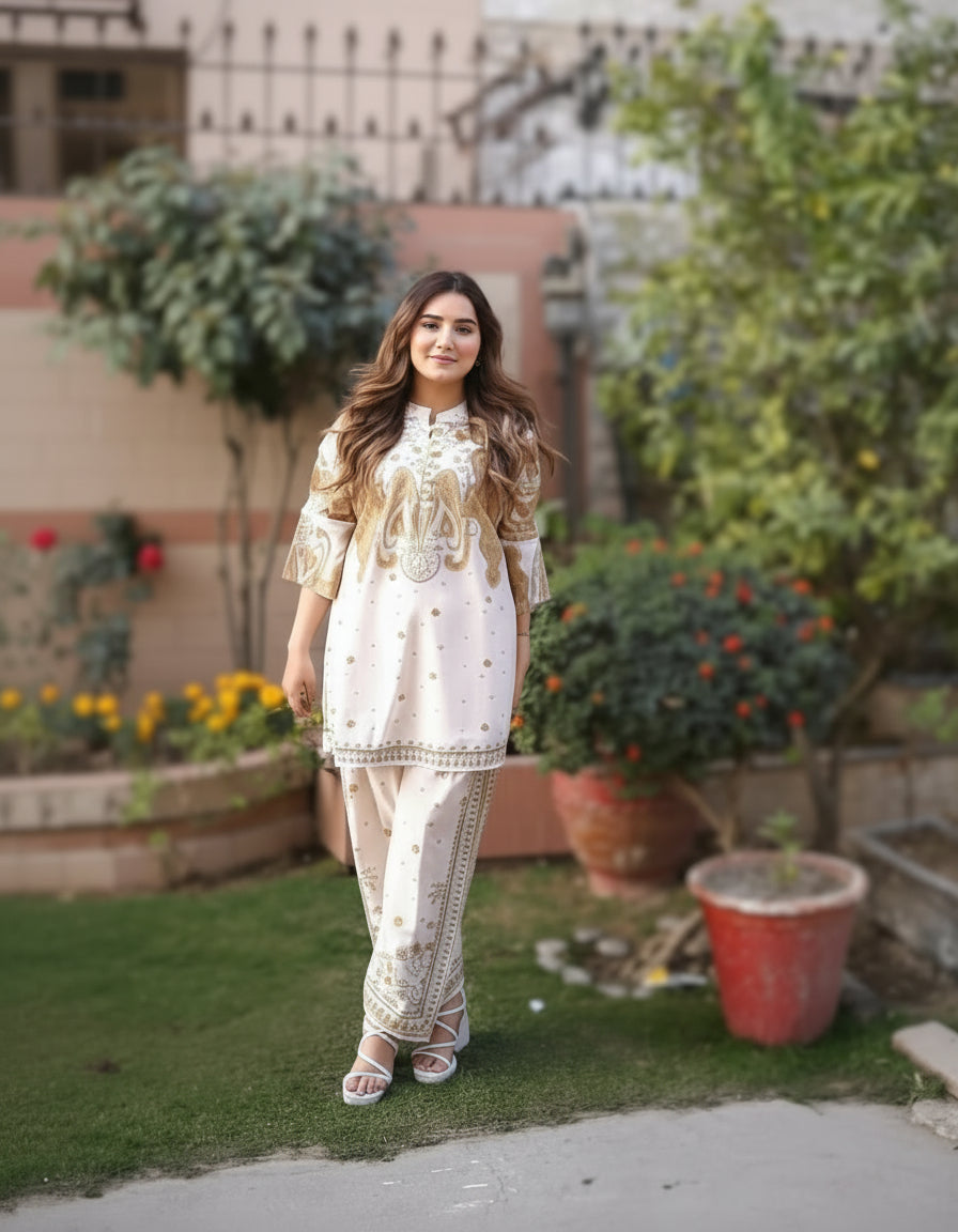 2 Pcs Women's Stitched Swiss Lawn Printed Shirt And Trouser