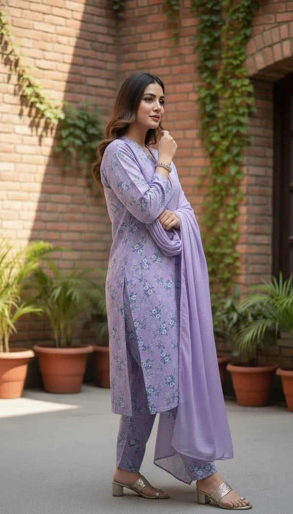 Stylish Women's Printed Khaddar Suit with Dupatta - 3 Pcs