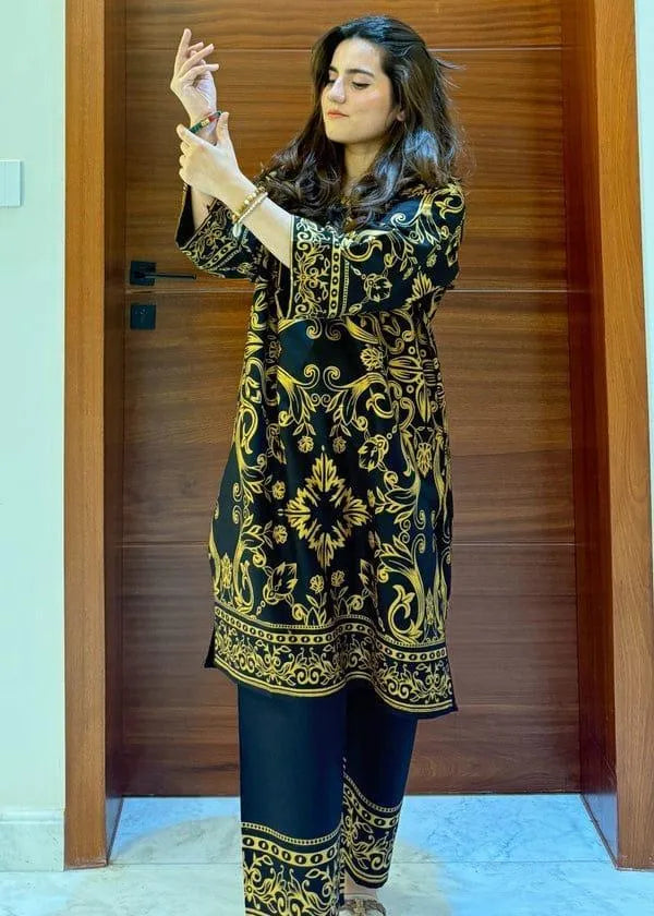 Elegant Women's Stitched Linen Shirt and Trouser Set - 2 Pcs, Printed Pattern, Black